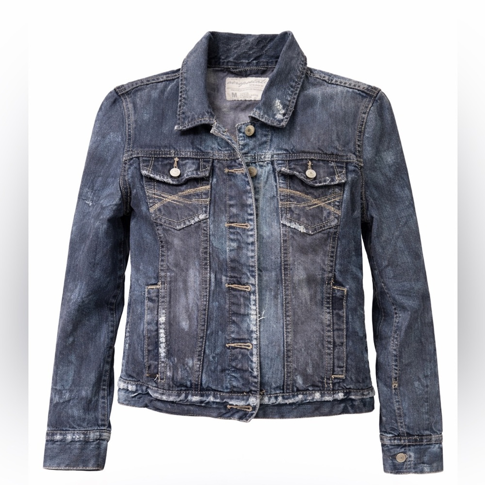 Rhinestone Inlaid Star Patched Upcycled Distressed Blue Black Denim Jean Jacket - Picture 8 of 12